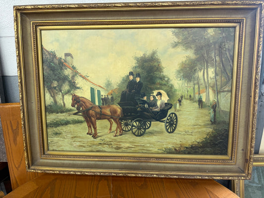 24x36 Vintage Oil Painting of Horses and Carriage