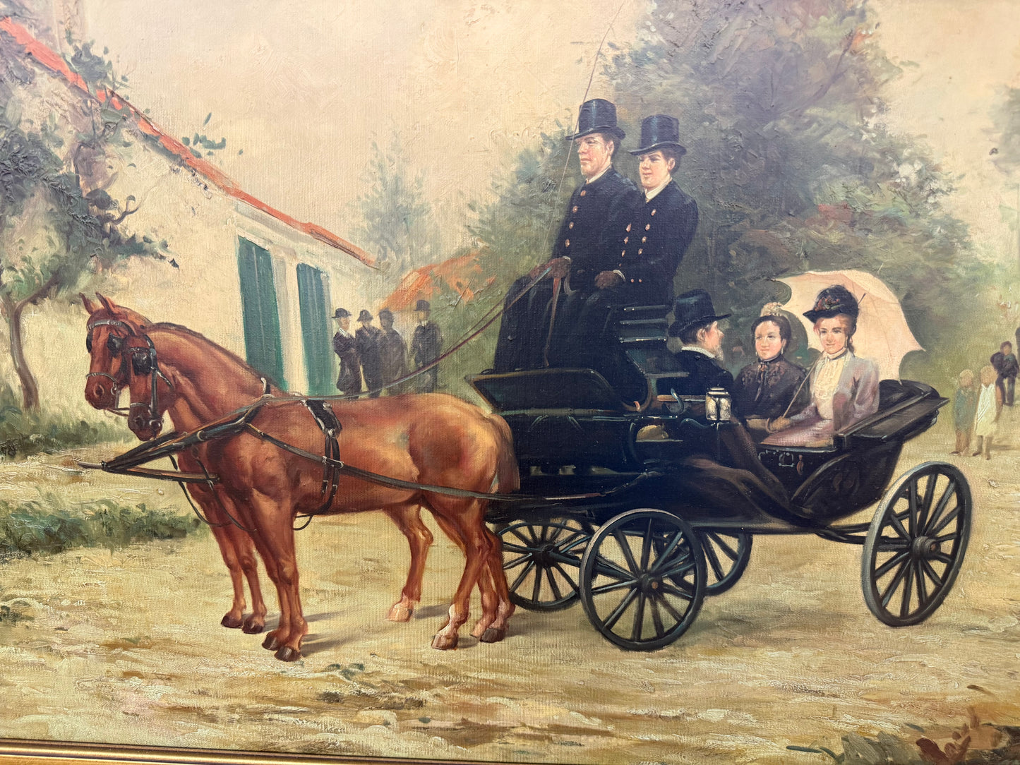 24x36 Vintage Oil Painting of Horses and Carriage