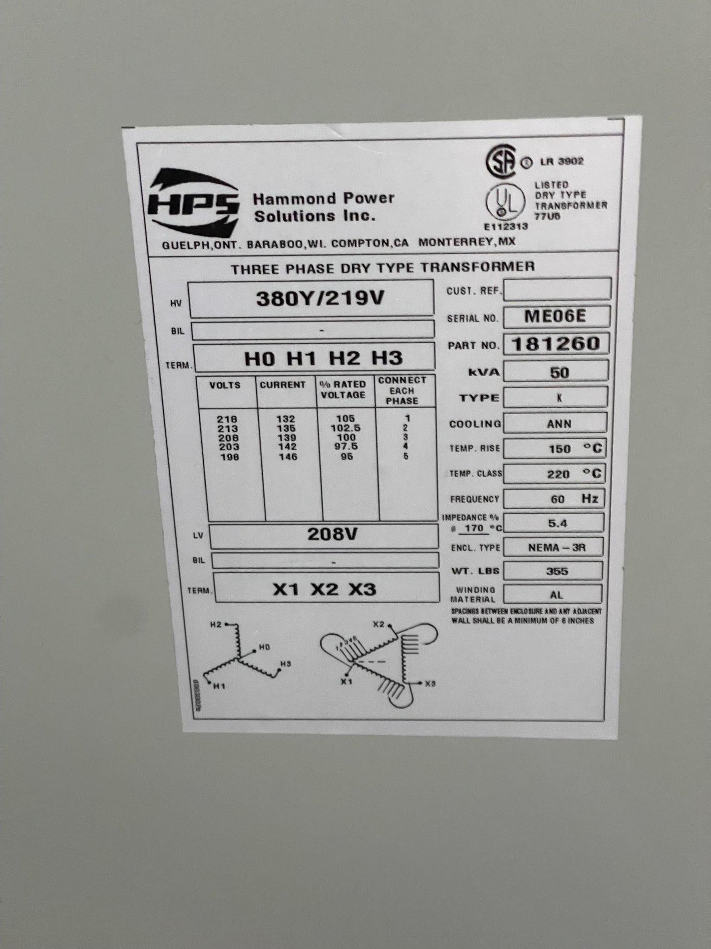 Machine, SAD, Transformer, Three Phase Dry Type Transformer 208V, Hammond Power Solutions 380Y/219V