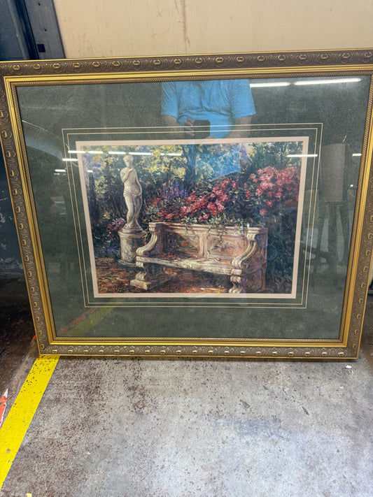 40x35” French Court Yard Garden Bench Scene Framed Print