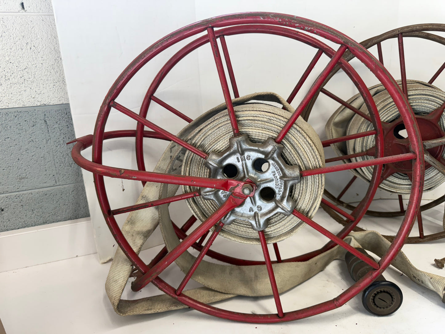 Two Vintage Fire Hose Storage Reels