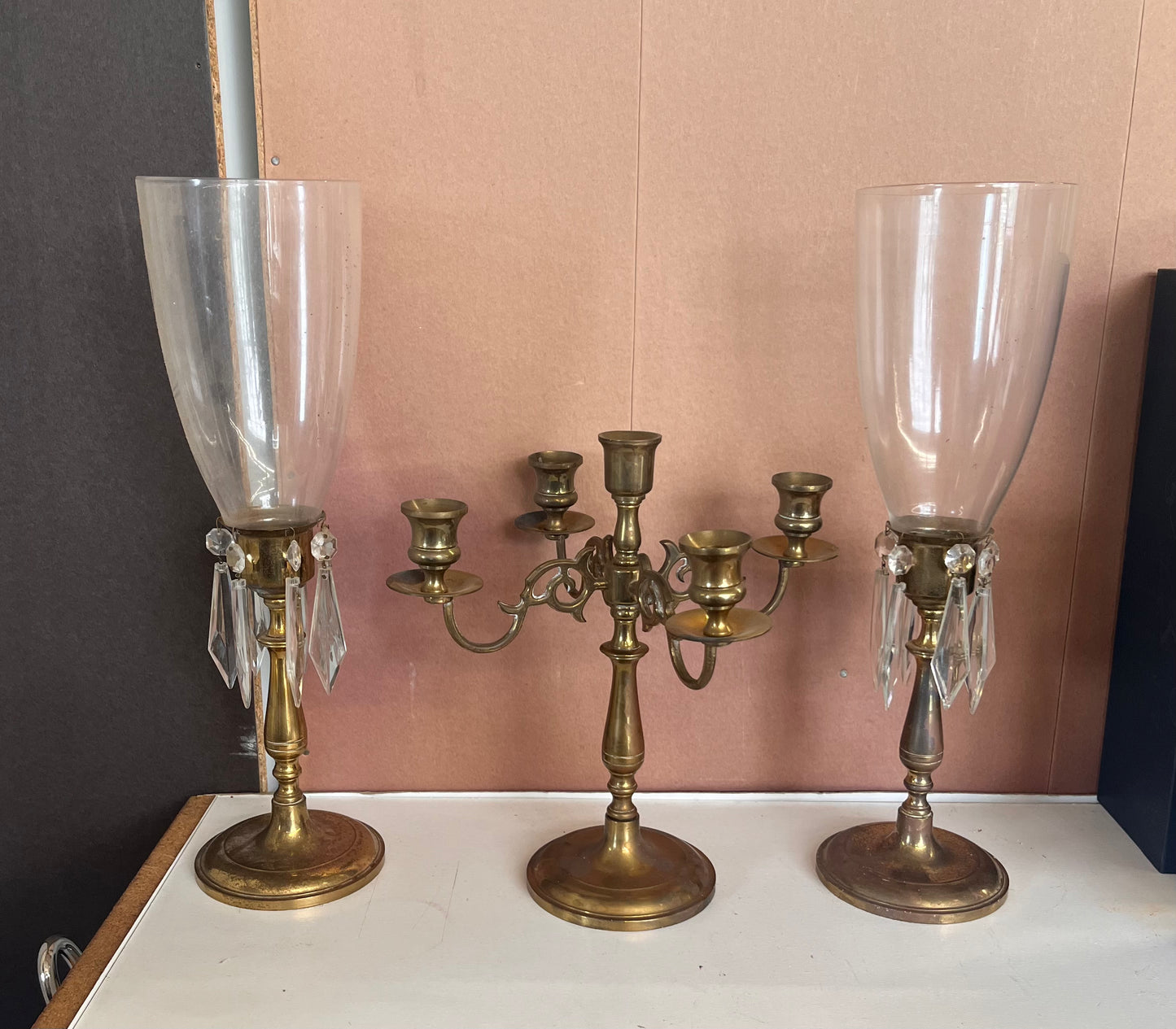 Candelabra Brass Lamp Stands with Hurricane Shades (Crystal Glass)