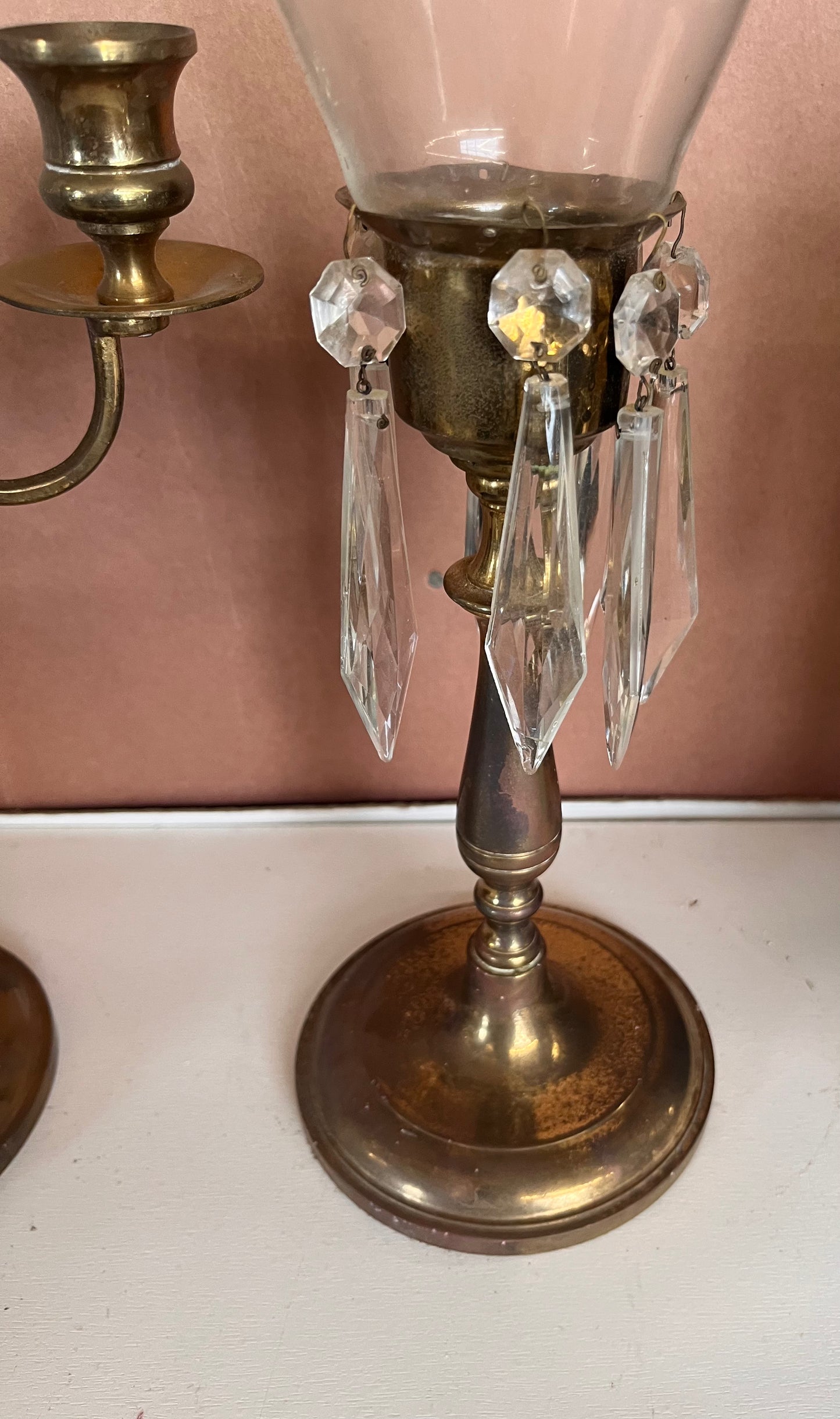 Candelabra Brass Lamp Stands with Hurricane Shades (Crystal Glass)