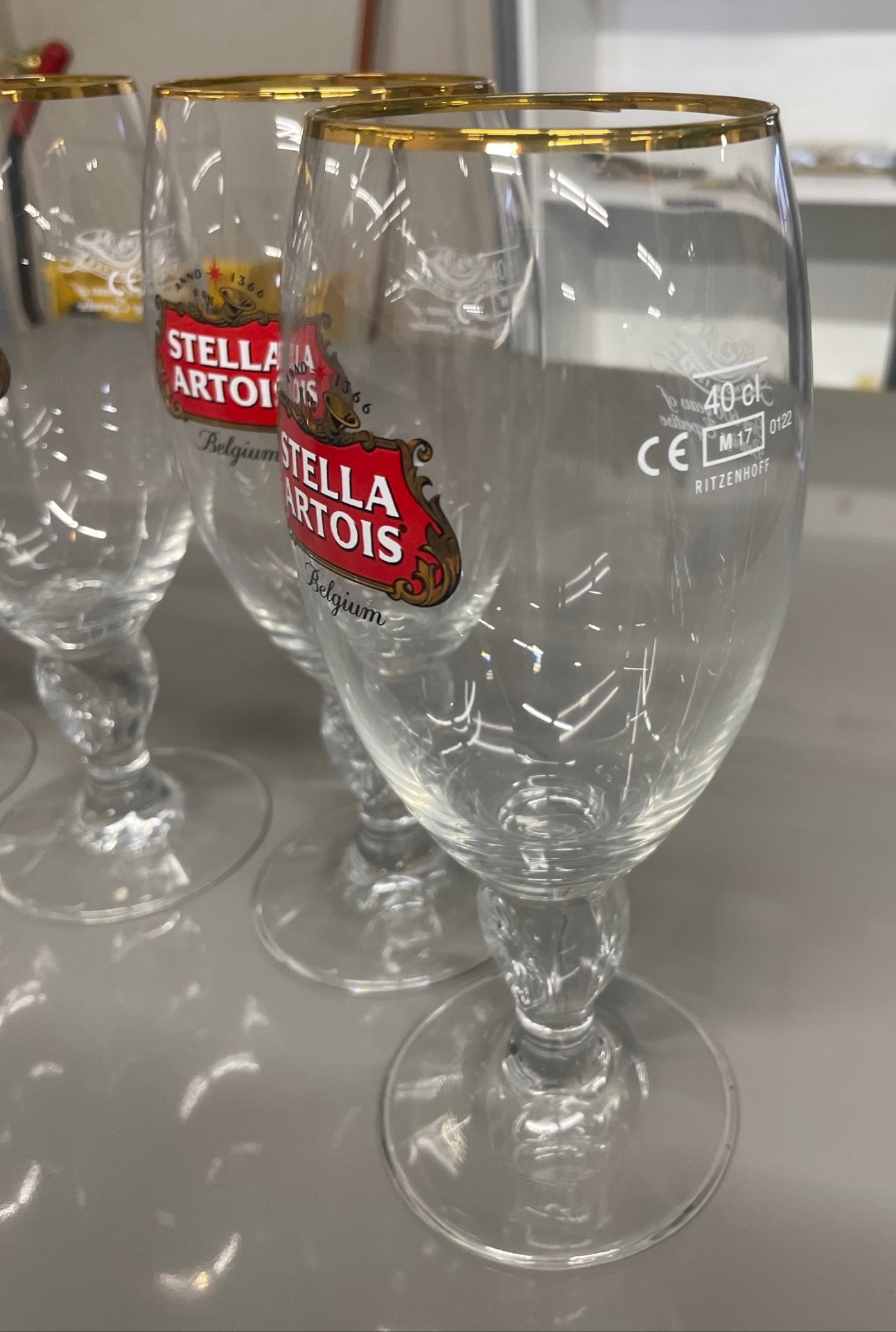 Stella Artois Belgium Ritzenhoff Gold Rim 40CL Beer Pub Glasses Holiday Mancave SET OF 19 V-32