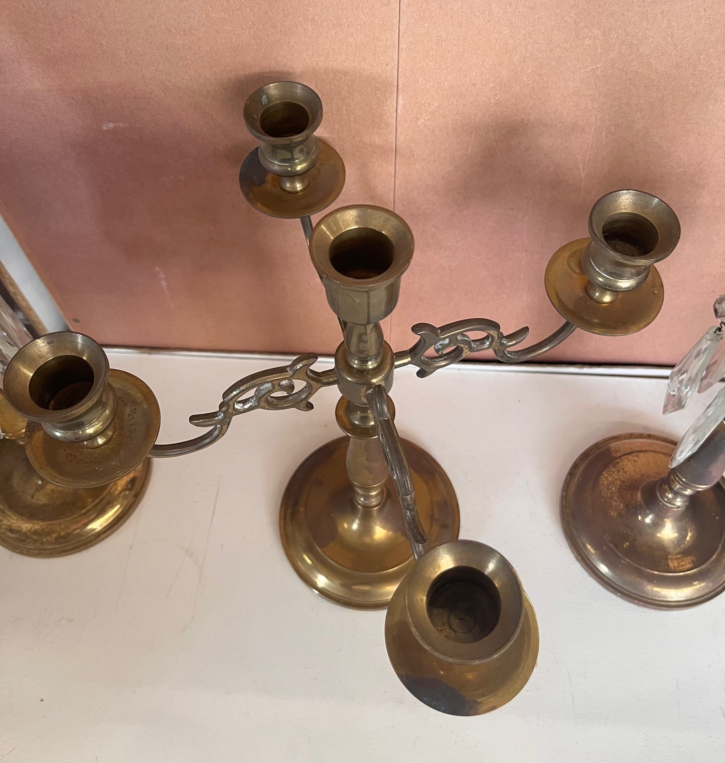 Candelabra Brass Lamp Stands with Hurricane Shades (Crystal Glass)