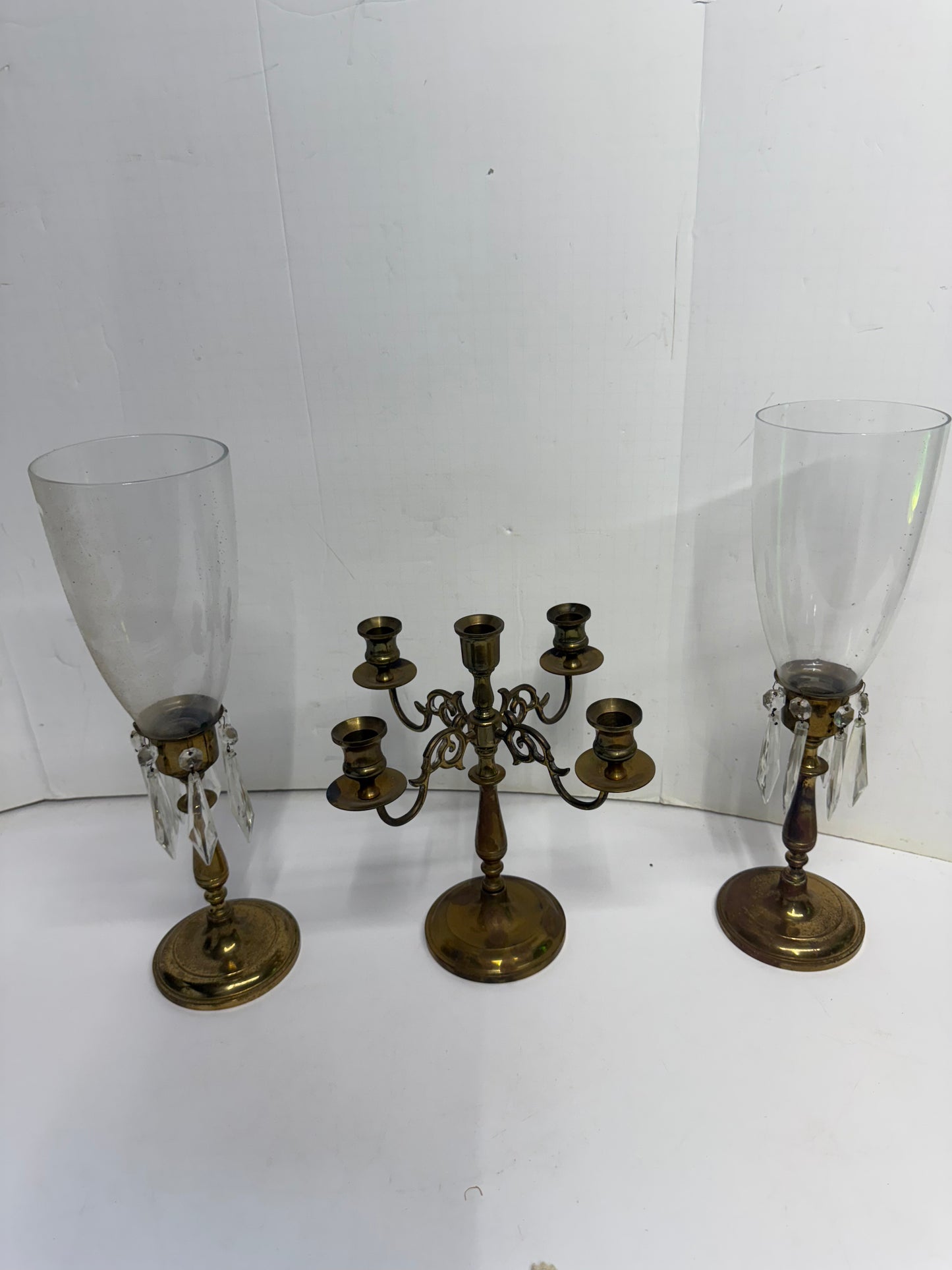 Candelabra Brass Lamp Stands with Hurricane Shades (Crystal Glass)