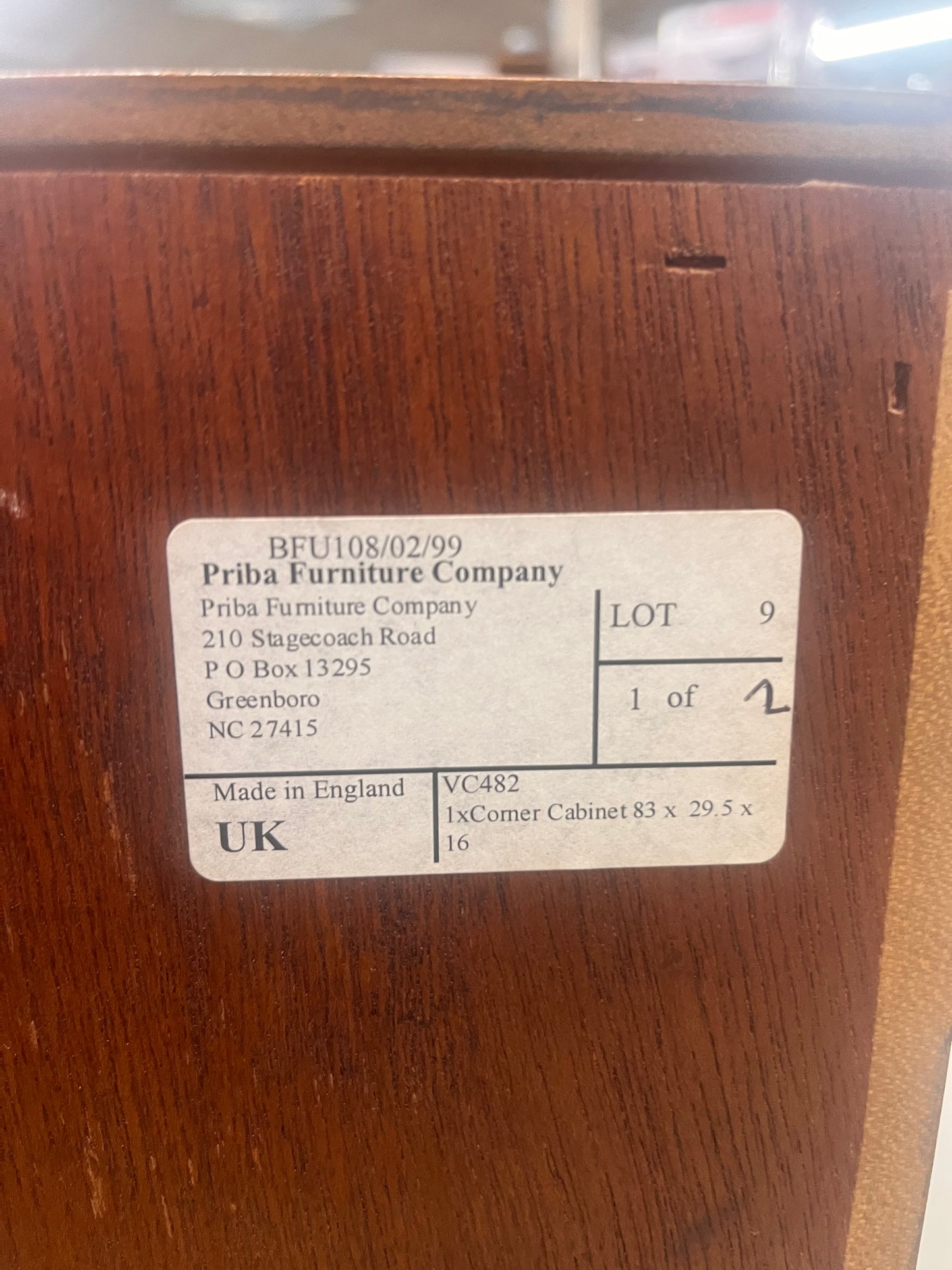 Priba Furniture Co.Corner Cabinet with Key Made in England