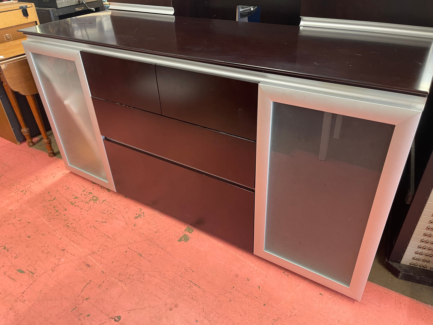 Large Black Buffet Cabinet with Frosted Drawers & Shelves