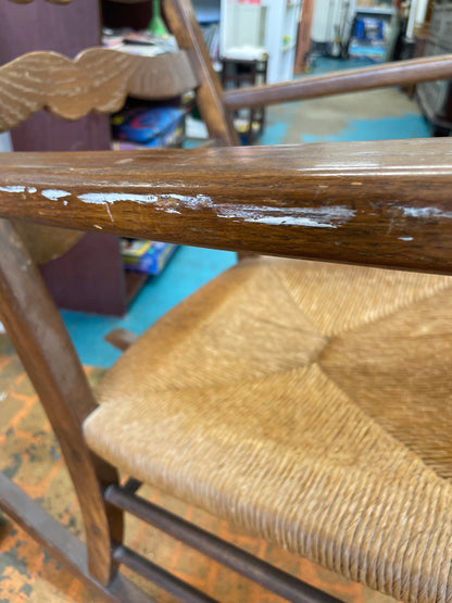 Wooden Ladder Back Rocking Chair with Straw Seat, 1950s