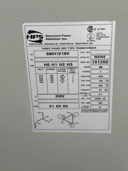 Machine, SAD, Transformer, Three Phase Dry Type Transformer 208V,  Hammond Power Solutions 380Y/219V