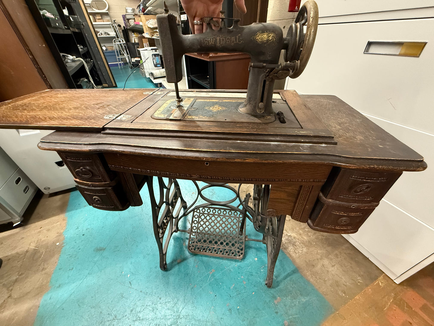 Antique New Ideal Sewing Machine & Table with Attachments