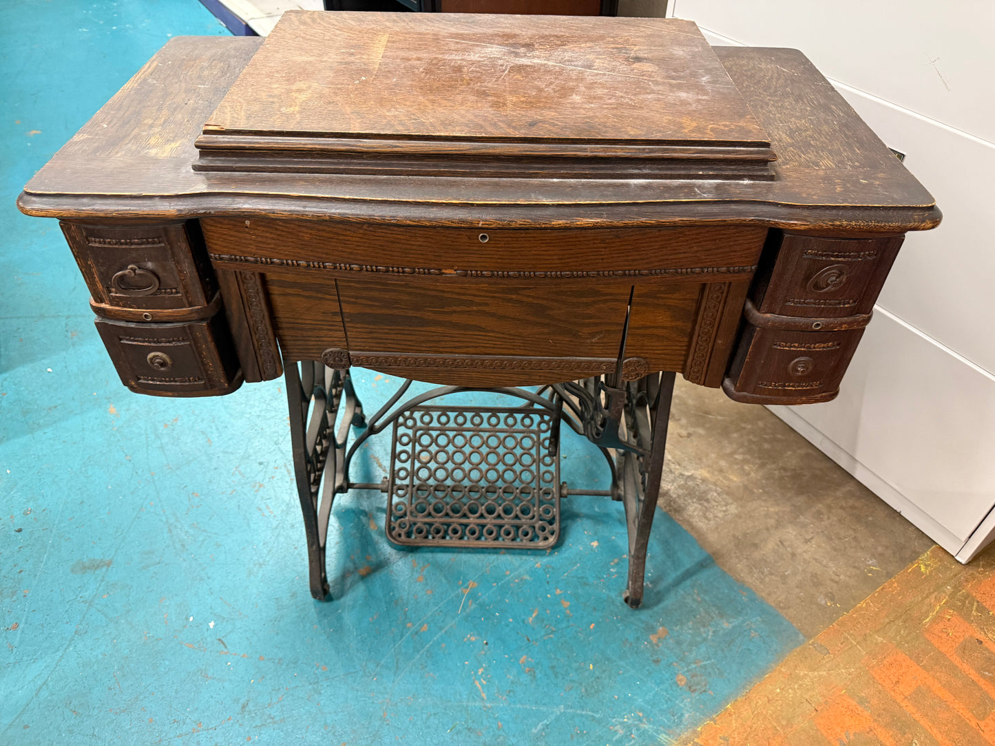 Antique New Ideal Sewing Machine & Table with Attachments