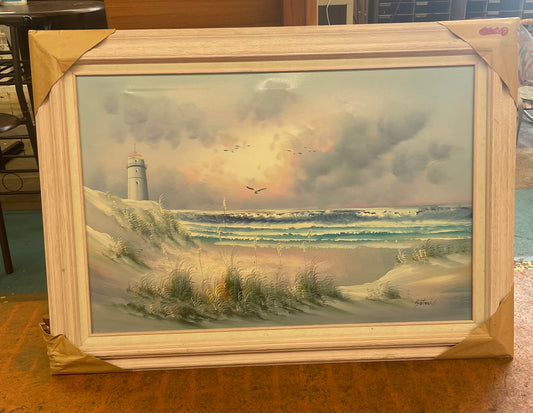 Large Pink Ocean Beach Scene Oil Painting Signed Antonio Framed