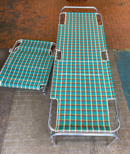 Pair of Retro Vintage Plaid Canvas Cots, Folding,  Aluminum , with Original Boxes.