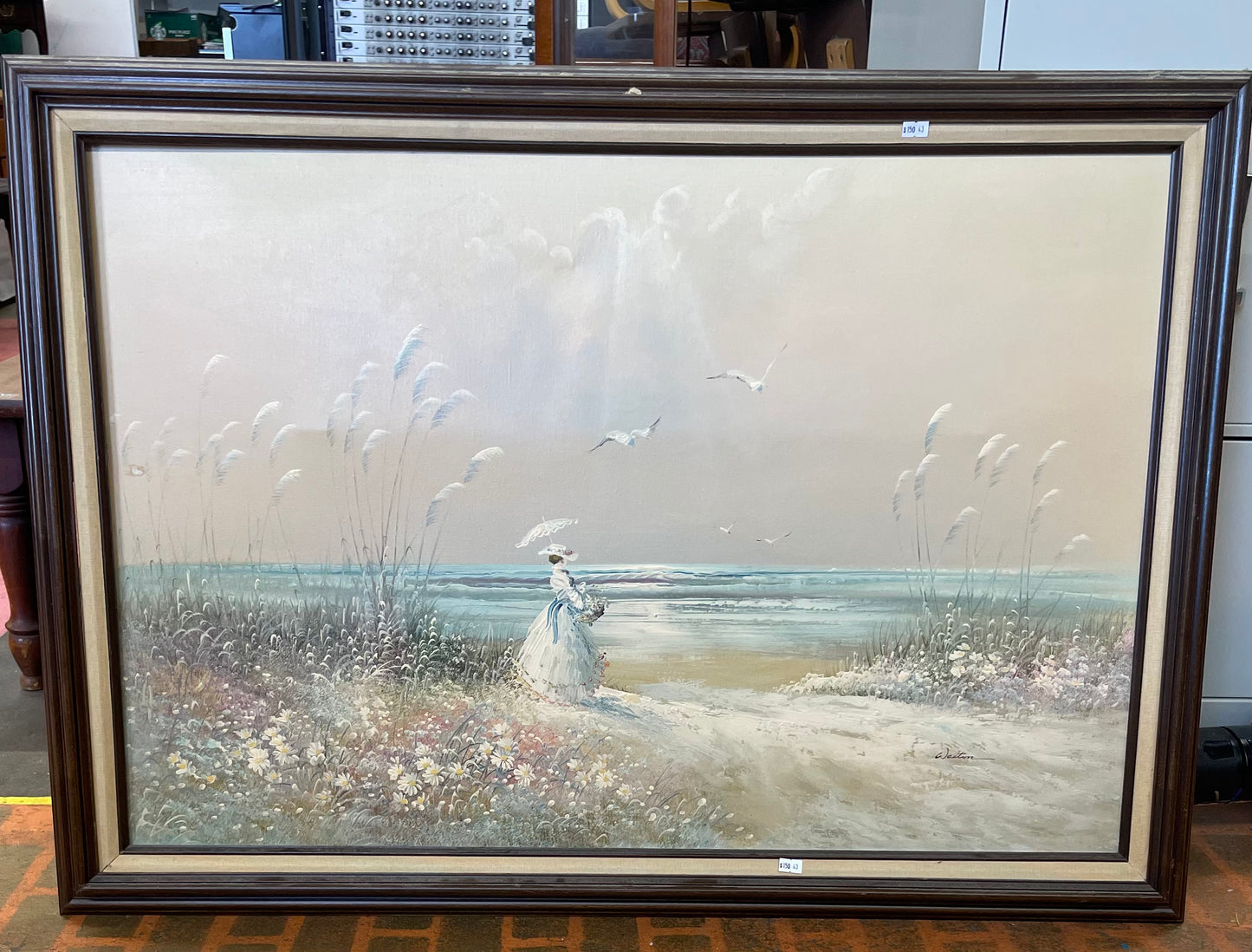 Oil Painting on Canvas of Victorian Girl on Beach at Sunset 41”X 29”Signed Walton