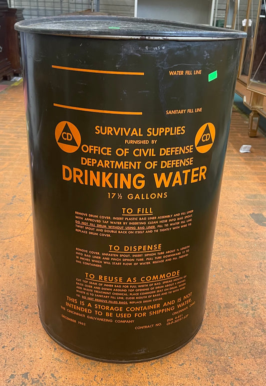 Metal Vintage Department of Civil Defense Survival Barrel 17.5 GAL w/ Lid 24" (Drum Only) Nr 5