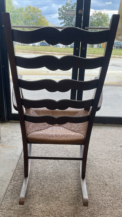 Wooden Ladder Back Rocking Chair with Straw Seat, 1950s