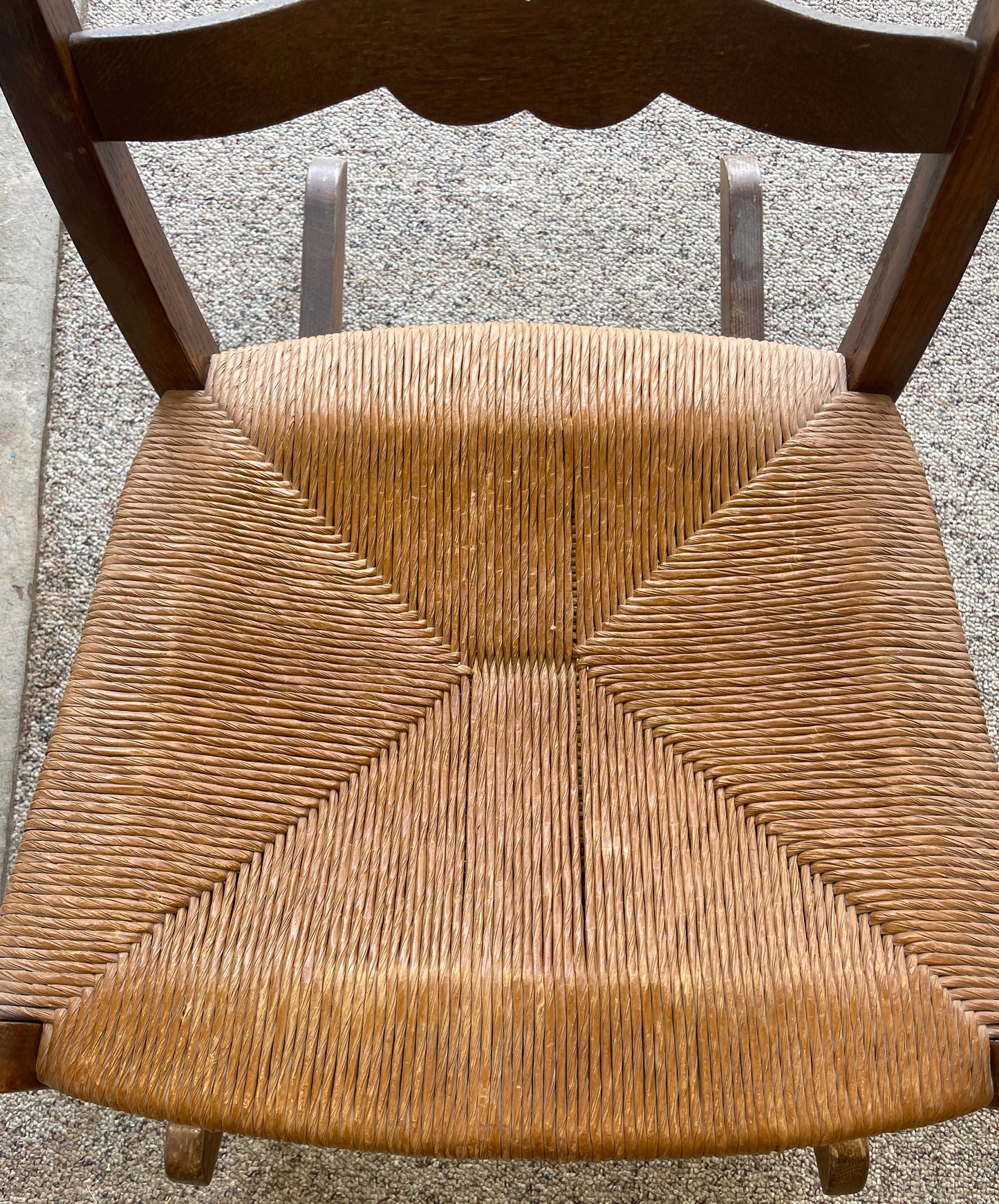 Wooden Ladder Back Rocking Chair with Straw Seat, 1950s