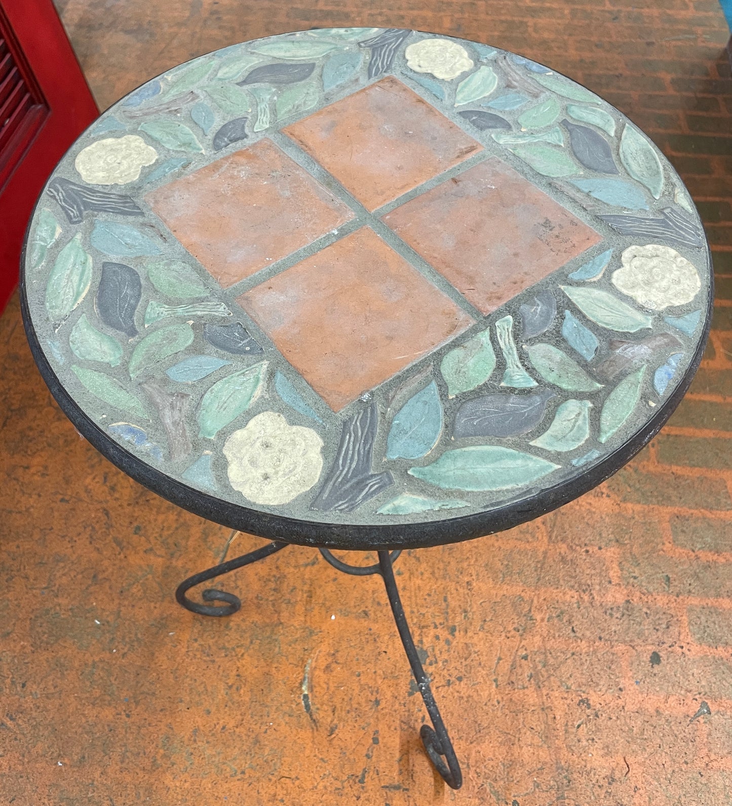 Vintage Mosaic Round Top Garden Patio Table With Wrought Iron Base