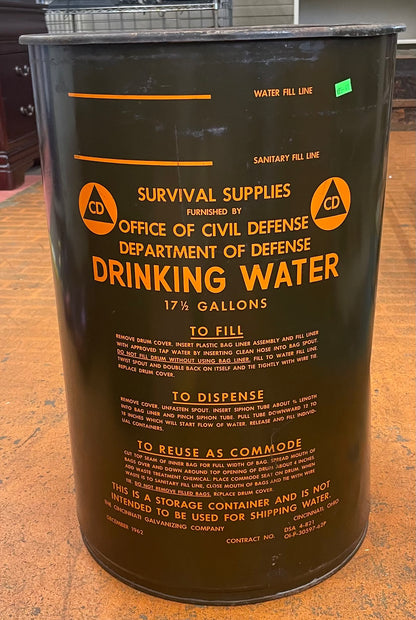 Metal Vintage Department of Civil Defense Survival Barrel 17.5 GAL w/Lid 24" (Drum Only) Nr 3