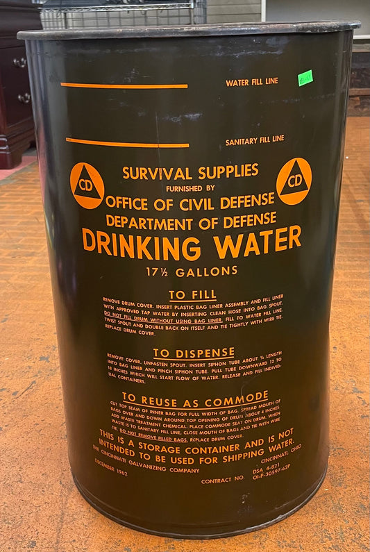 Metal Vintage Department of Civil Defense Survival Barrel 17.5 GAL w/Lid 24" (Drum Only) Nr 3