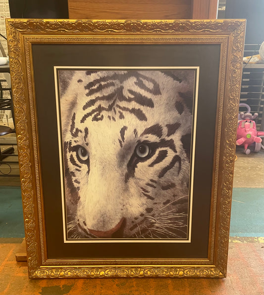 Large Fancy Gold Framed White Tiger Face