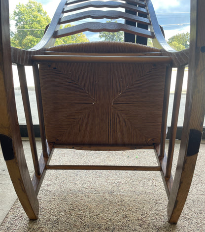 Wooden Ladder Back Rocking Chair with Straw Seat, 1950s