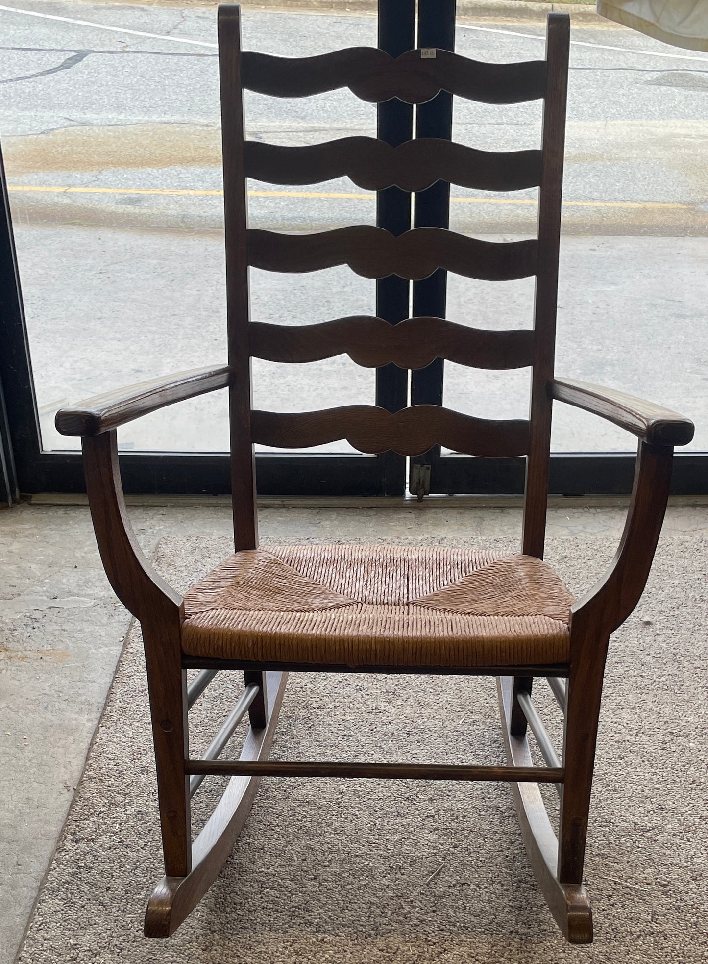 Wooden Ladder Back Rocking Chair with Straw Seat, 1950s