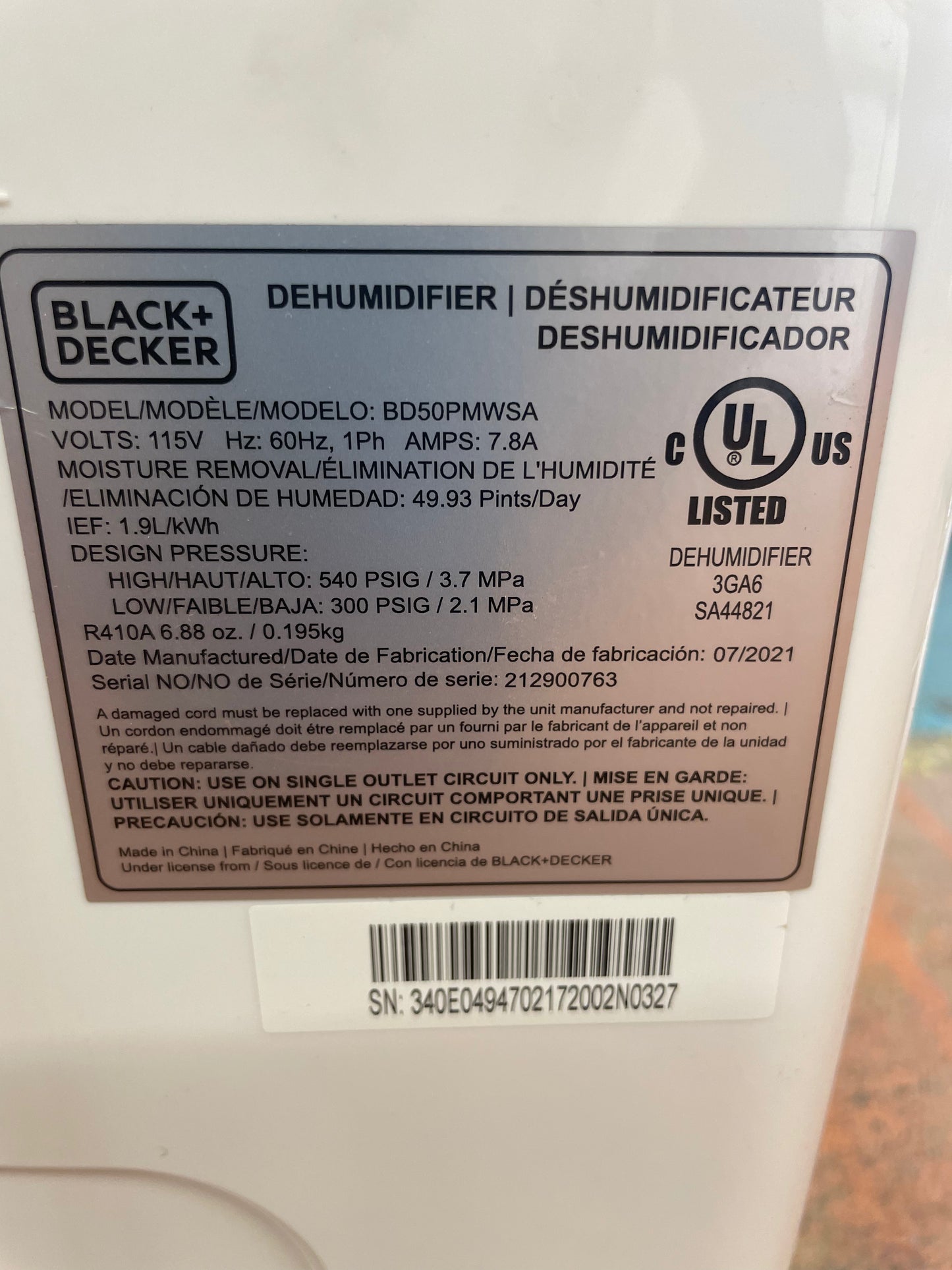 Black & Decker Dehumidifier Model BD50PMWSA 49.93 Pints Daily