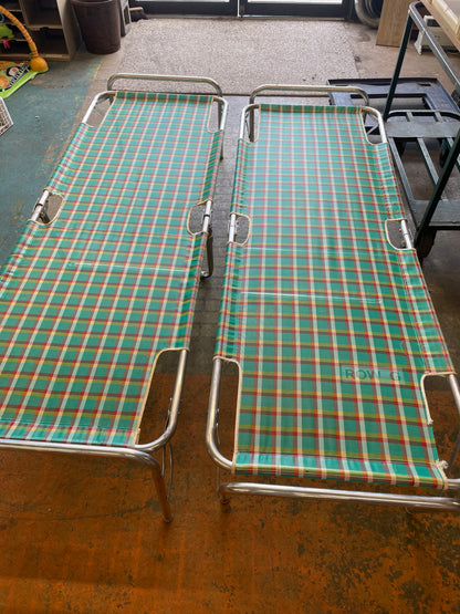 Pair of Retro Vintage Plaid Canvas Cots, Folding,  Aluminum , with Original Boxes.