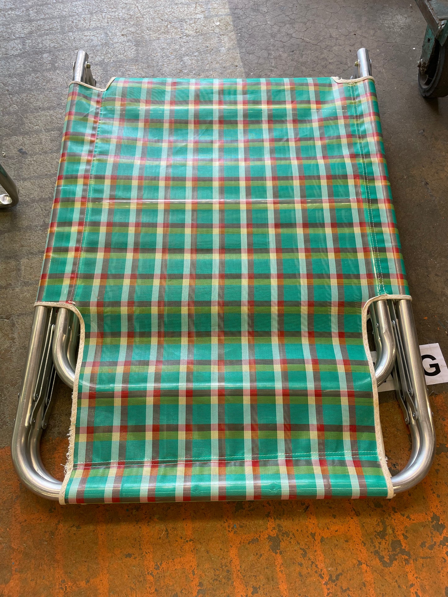 Pair of Retro Vintage Plaid Canvas Cots, Folding,  Aluminum , with Original Boxes.