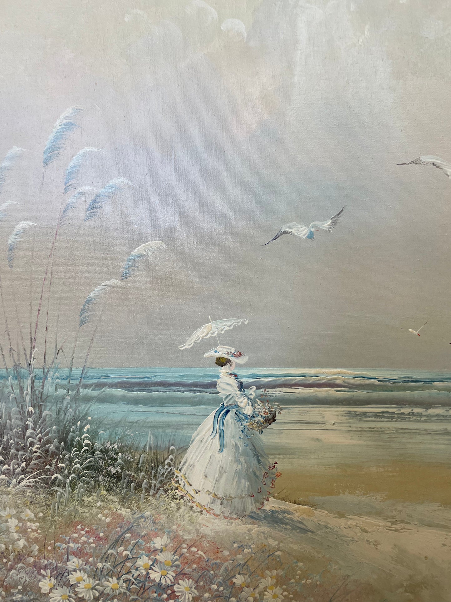 Oil Painting on Canvas of Victorian Girl on Beach at Sunset 41”X 29”Signed Walton